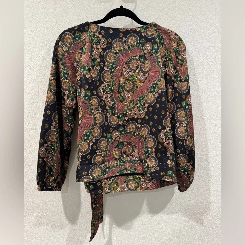 J.Crew Point Sur Satin Crepe Paisley Floral Wrap Tie Black Blouse Top Size XS